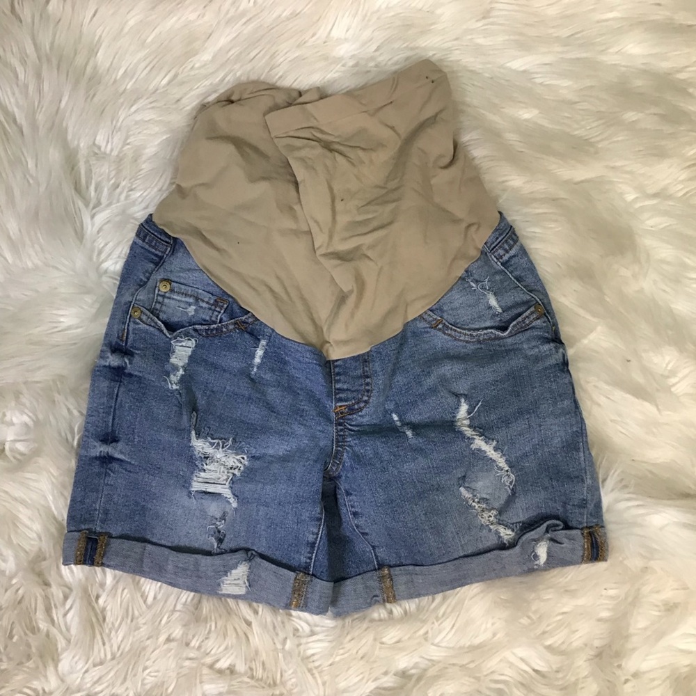 Denim Maternity Shorts with Tan Waistband